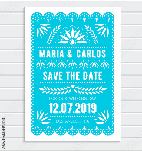 Vector Save the Date invitation template. Papel picado banner with floral pattern. Mexican paper cut style.