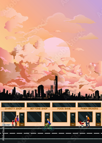 Demise of the high street with the loss of the traditional retailers due to the economic recession set against a dawn or dusk sky background