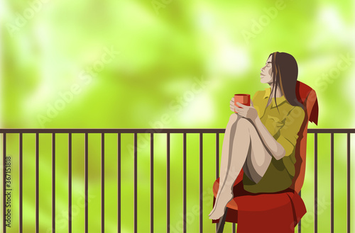 Young girl with a coffee mug on the balcony in the garden. Cartoon character on a background of defocused green foliage. Vector illustration in a flat style.