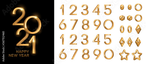 3d gold numbers set in vintage style. Vector illustration. Minimal invitation design for Christmas and New Year 2021 with retro elements circle, star and baubles, alphabet typeface glowing text