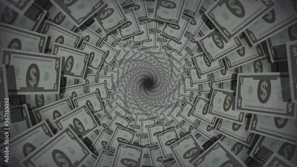 Abstract Dollar Bill Spiral 3D Tunnel Background Looped Animation. Abstract Dollar Bill Spiral 3D Tunnel Background Looped Animation.