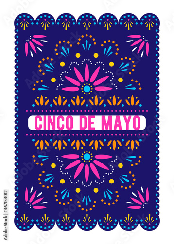 Cinco de Mayo. Mexican holiday poster. Papel picado banner with floral pattern. Vector greeting card.