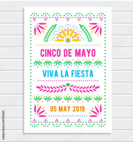 Cinco de Mayo. Mexican holiday poster template. Papel picado banner with floral pattern. Vector greeting card.