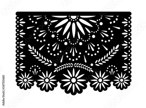 Vector papel picado banner with floral pattern. Laser cut template. Paper Mexican decorations