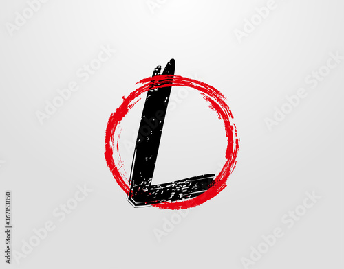 L Letter Logo With Red Circle Grunge Splatter Element. Retro L logo design template.