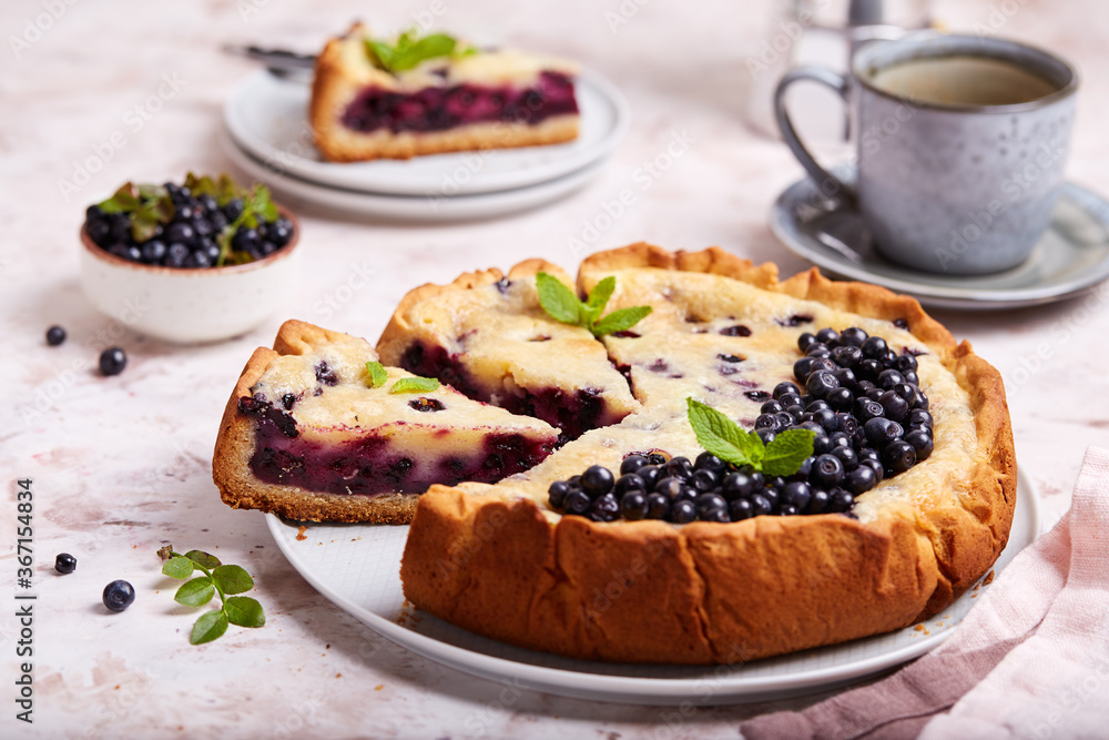 Jellied open pie tart with blueberry and cream filling. Delicious summer homemade dessert. Jellied open pie tart with blueberry and cream filling. Delicious summer homemade dessert.