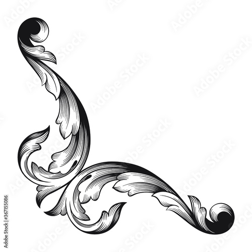 Vintage Ornament Element in baroque style with filigree and floral engrave the best situated for create frame, border, banner. It's hand drawn foliage swirl like victorian or damask design arabesque.