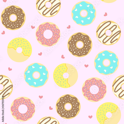 Vector seamless pattern with delicious donuts glazed. Donut variety. Cute donuts with glazing. Texture pattern