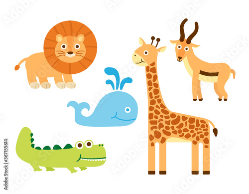 Set of animals in cartoon style on a white background. Lion, antelope, whale, giraffe, alligator. Vector illustrations