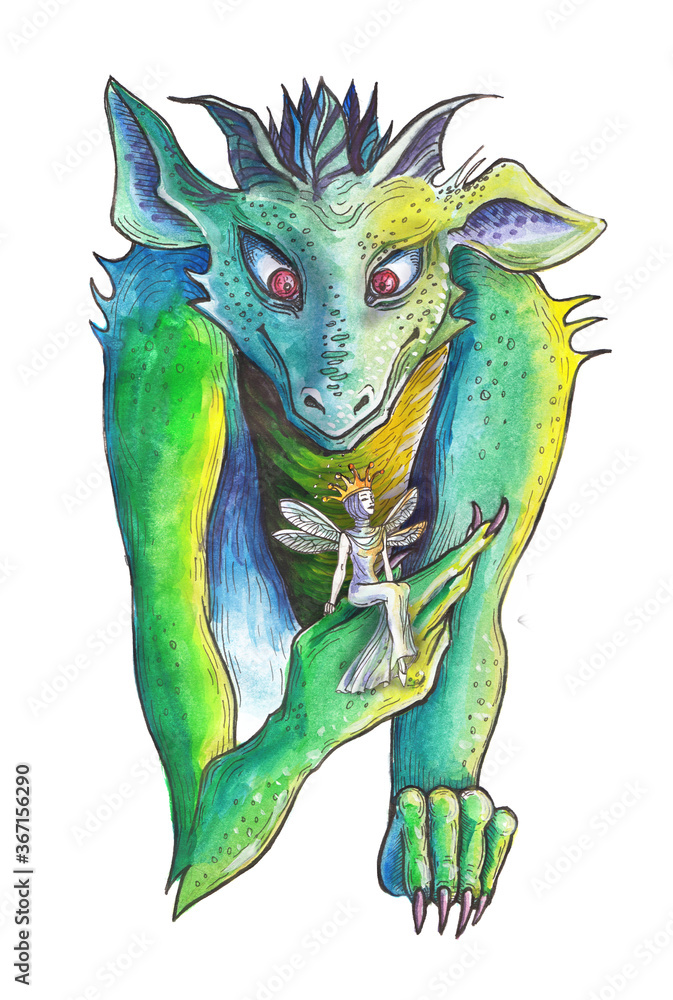 Fototapeta premium Watercolor drawing of a green monster with a fairy on a palm, isolated on a white background