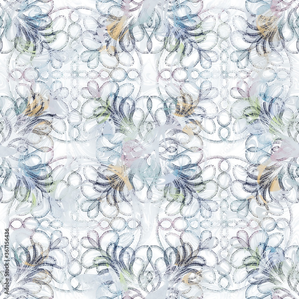 Seamless happy geo pattern with navy and white. High quality illustration. Joyful party mood design with subtle marble design overlay. Abstract repeat raster jpg swatch.