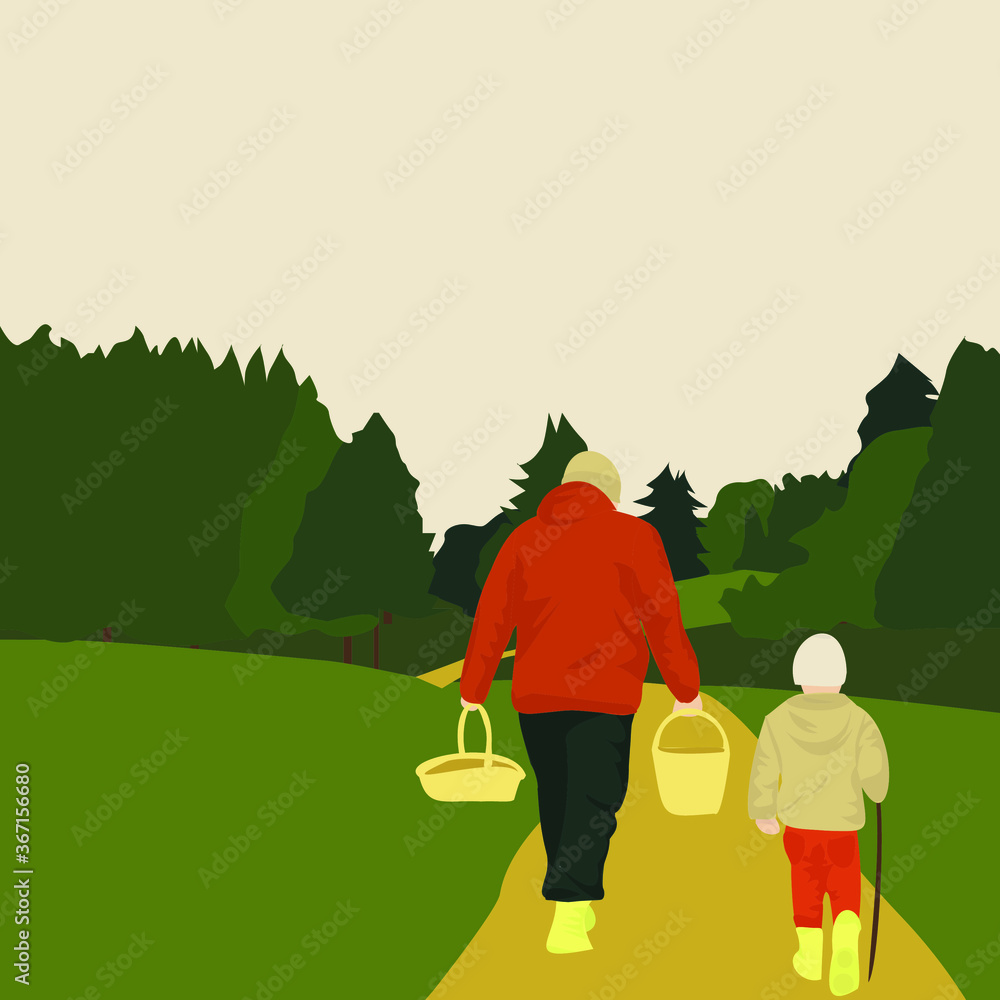 family camping in the forest and gathering mushrooms family camping in the forest and gathering mushrooms