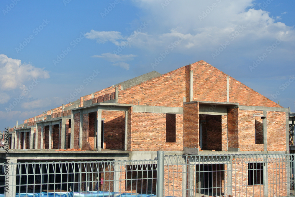 SEREMBAN, MALAYSIA -APRIL 07, 2020: New double story luxury terrace house under construction in Malaysia.  Designed by an architect with a modern and contemporary style. 