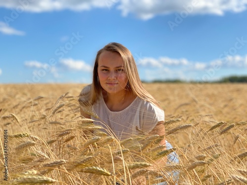 beautiful woman walks in a field with ears, takes pictures in a wheat field
