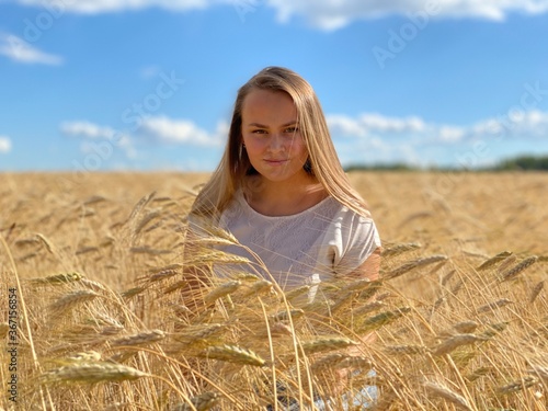 beautiful woman walks in a field with ears, takes pictures in a wheat field
