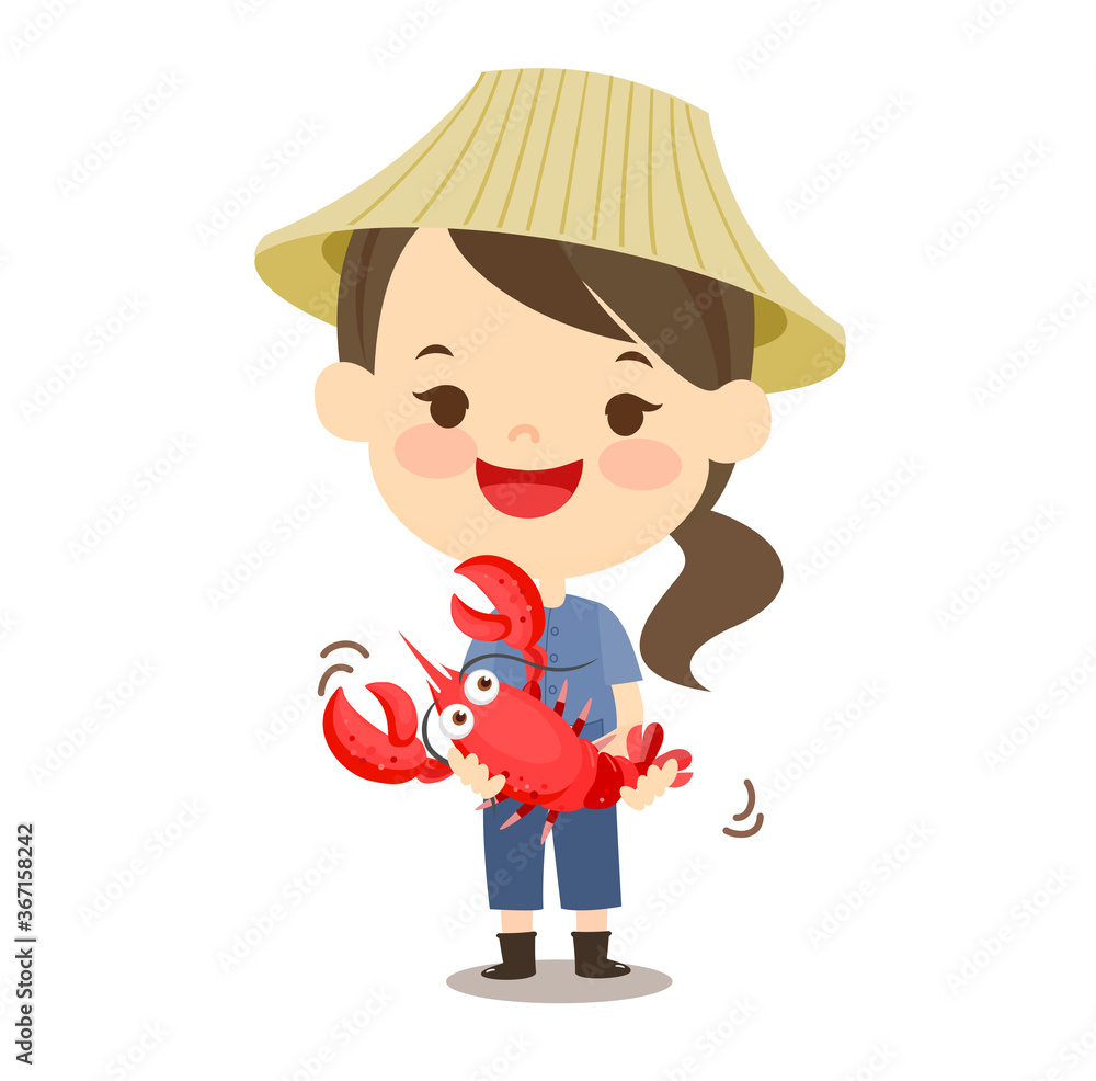 Cartoon cute  farmer have shrimp vector