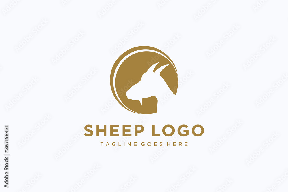 Sheep Goat Logo. Gold Circle Shape include Negative Space Sheep Head with Horns isolated on White Background. Flat Vector Logo Design Template Element Sheep Goat Logo. Gold Circle Shape include Negative Space Sheep Head with Horns isolated on White Background. Flat Vector Logo Design Template Element