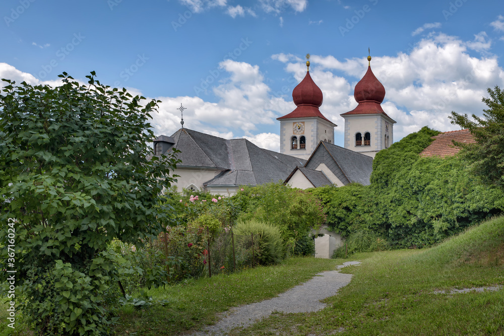 Baroque onion domes of former abbey church, now parish church of Millstatt, Carinthia, Austria