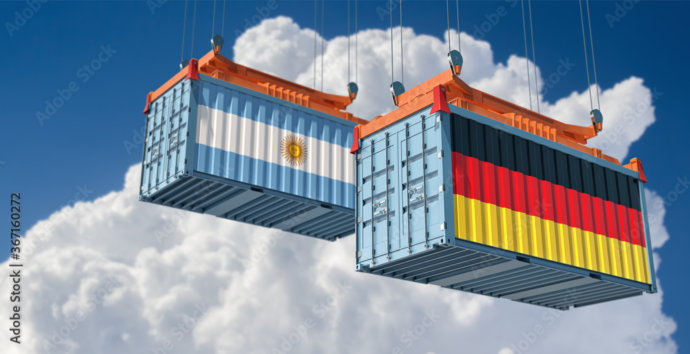 Freight containers with German and Argentina flag. 3D Rendering 