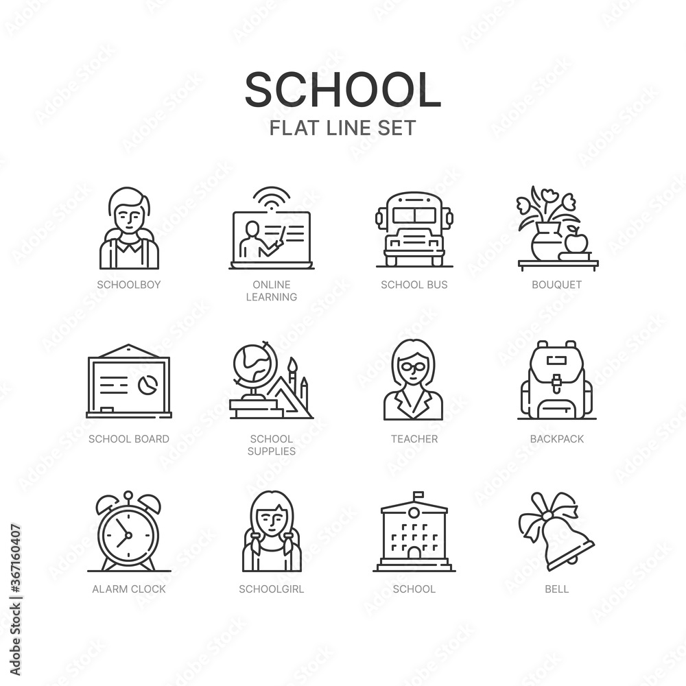 Set of linear icons. Vector symbols on a white background. School, study, school supplies. Set of linear icons. Vector symbols on a white background. School, study, school supplies.