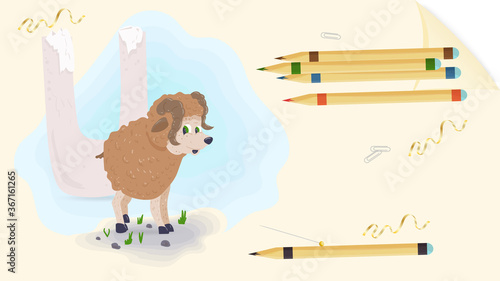 illustration layout banner of the English alphabet for learning the alphabet letter G Ural on a sheet of paper with colored pencils