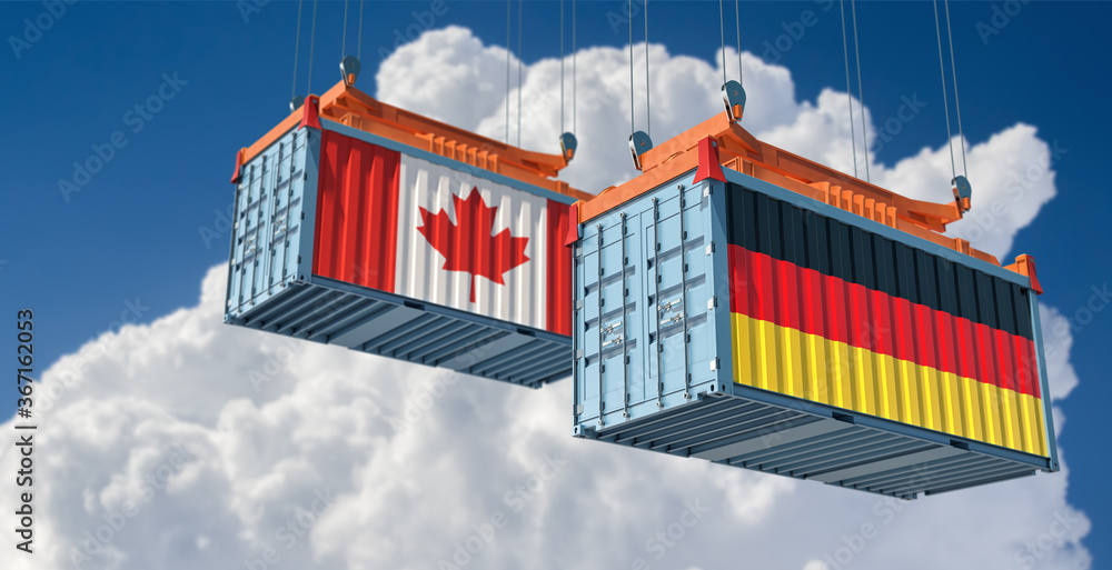 Freight containers with German and Canada flag. 3D Rendering 