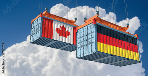 Freight containers with German and Canada flag. 3D Rendering 
