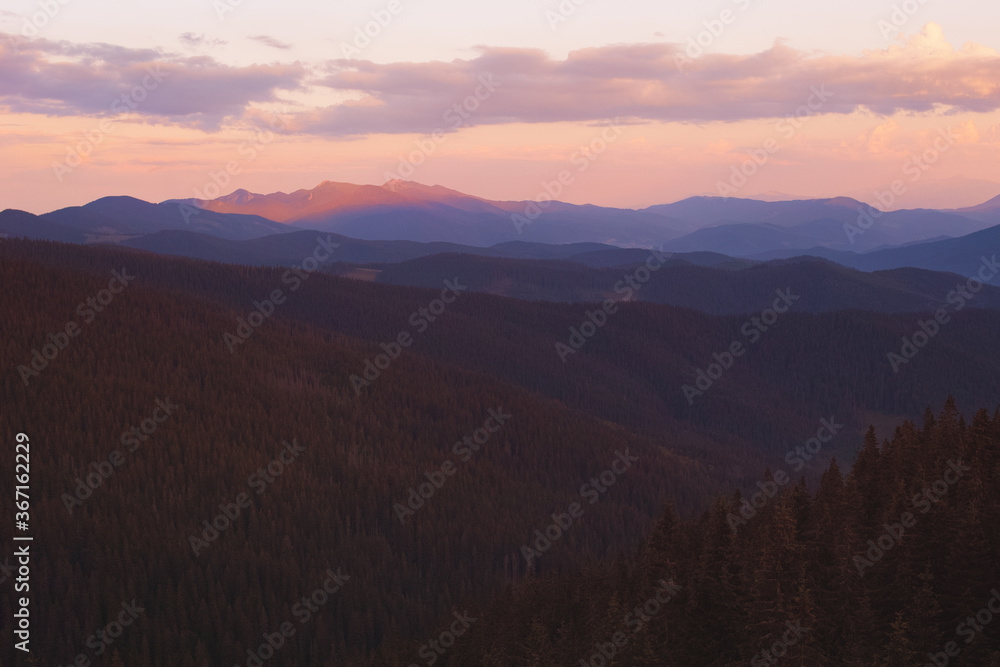 Sunset in the cloudy mountains of the Carpathians