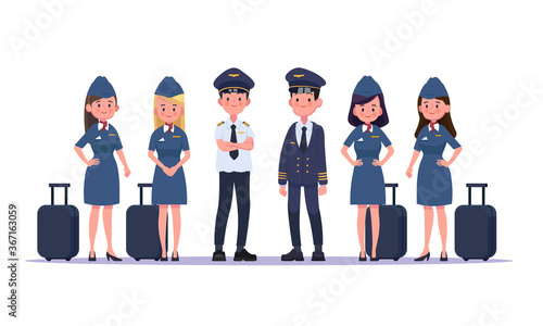 Group of pilots and flight attendants, air hostess. Flat design people characters.