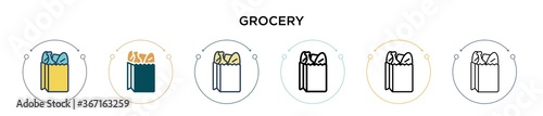 Grocery icon in filled, thin line, outline and stroke style. Vector illustration of two colored and black grocery vector icons designs can be used for mobile, ui, web