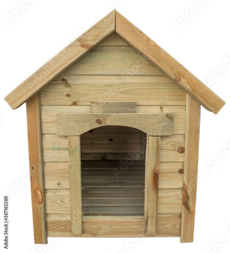 A doghouse with a gable roof, made of yellow laid horizontally wooden planks inserted into each other and fastened with screws. The object is isolated on a white background.