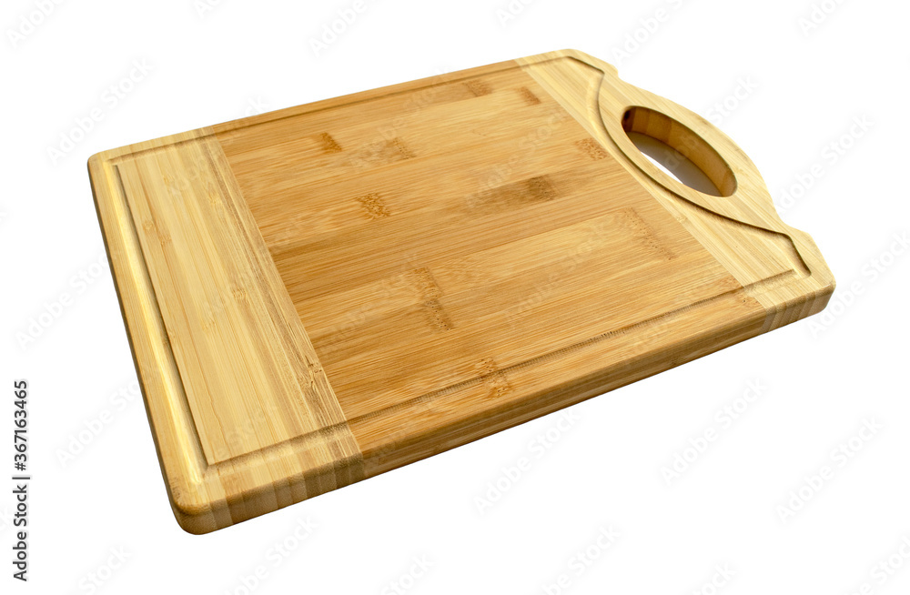 Wooden rectangular cutting board isolated on white background. Light brown empty chopping board. Kitchen utensil 