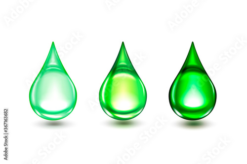 Set of green drops isolated on white background. Illustration element vector  symbol of life and purity.