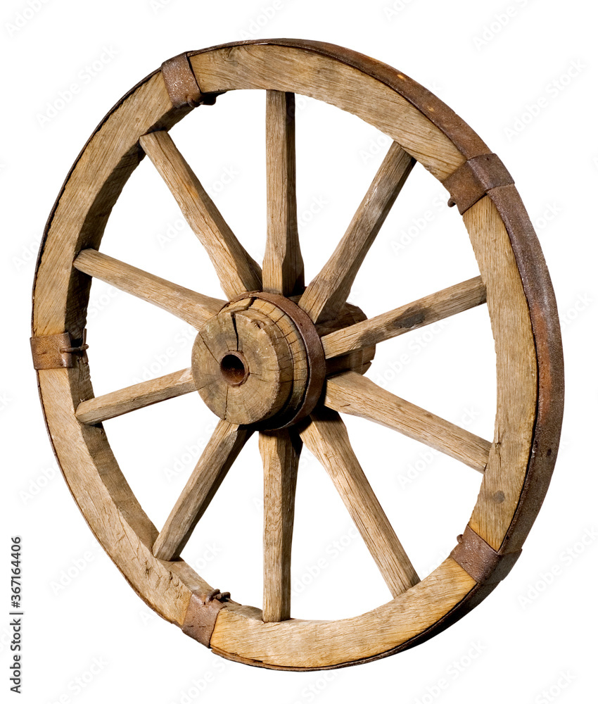 Old wagon wheel on a white background