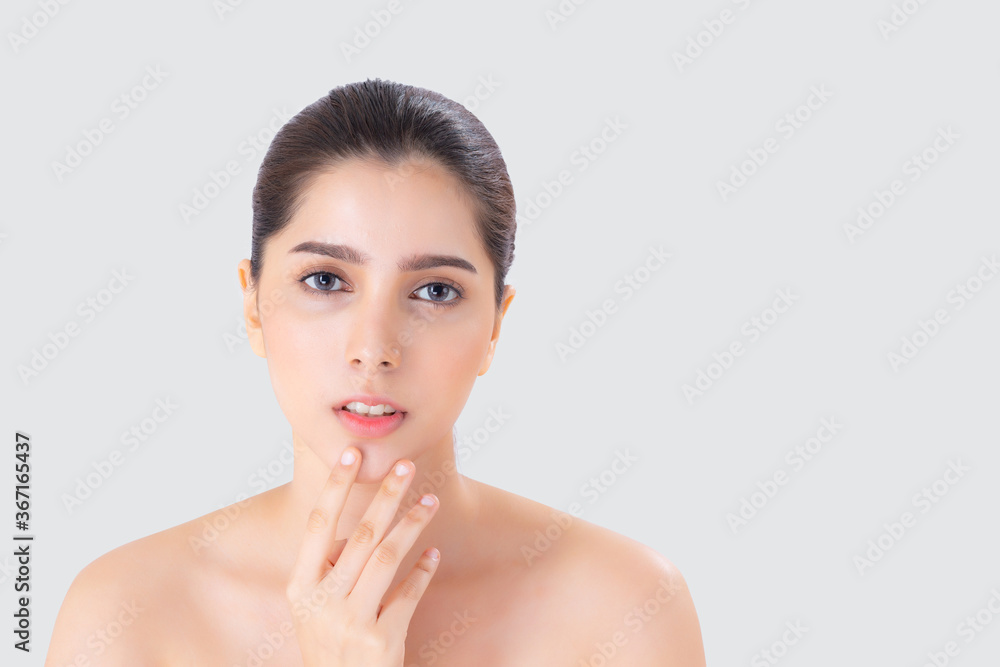 Beautiful woman asian makeup of cosmetic, beauty asia girl hand touch mouth and smile attractive, face of beauty perfect with wellness isolated on white background with skin healthcare concept. Beautiful woman asian makeup of cosmetic, beauty asia girl hand touch mouth and smile attractive, face of beauty perfect with wellness isolated on white background with skin healthcare concept.