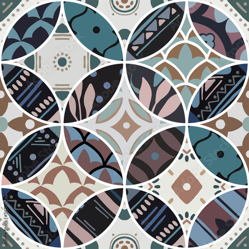 Luxury oriental tile seamless pattern in style of colorful floral patchwork boho chic design in chopped circles. Flower vector ornament background with eastern motif