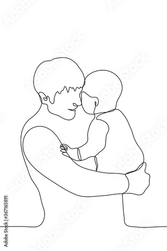 young man holds a small child (baby) with tenderness and love. One continuous line art father holding son or daughter head bowed to child's head. can be used for animation