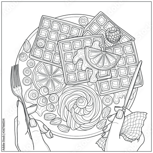 Viennese waffles with cream, berries, oranges, almonds and mint. Tasty sweets.Coloring book antistress for children and adults. Black and white drawing