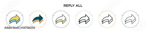 Reply all icon in filled, thin line, outline and stroke style. Vector illustration of two colored and black reply all vector icons designs can be used for mobile, ui, web