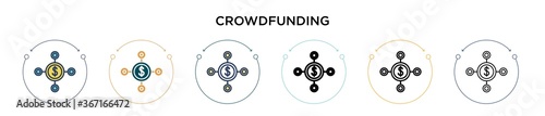 Crowdfunding icon in filled, thin line, outline and stroke style. Vector illustration of two colored and black crowdfunding vector icons designs can be used for mobile, ui, web