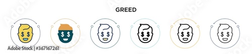 Greed icon in filled, thin line, outline and stroke style. Vector illustration of two colored and black greed vector icons designs can be used for mobile, ui, web