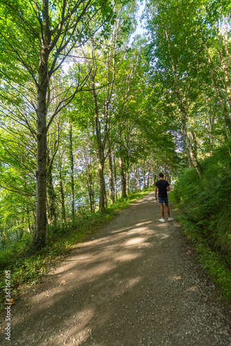 Forest path with young man on his back, taking a walk, one summer afternoon, in northern Spain, vertically © Arantxa Forcada