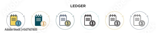 Ledger icon in filled, thin line, outline and stroke style. Vector illustration of two colored and black ledger vector icons designs can be used for mobile, ui, web