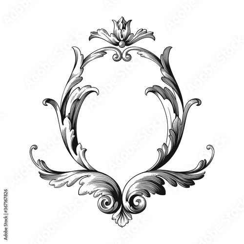 Vintage Ornament Element in baroque style with filigree and floral engrave the best situated for create frame, border, banner. It's hand drawn foliage swirl like victorian or damask design arabesque.