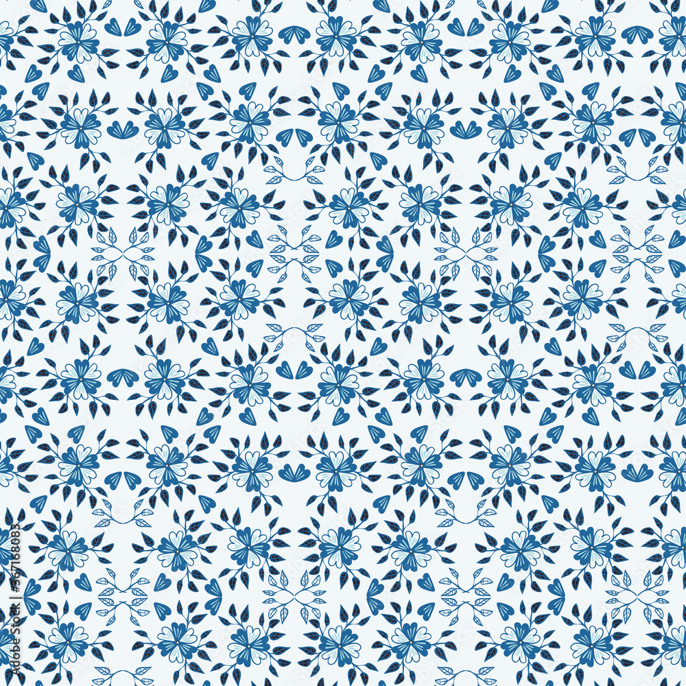 Flowers and leaves seamless vector pattern in blue and white. Decorative surface print design for fabrics, stationery, scrapbook paper, gift wrap, and packaging.