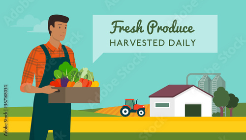 Farmer holding a crate with fresh vegetables