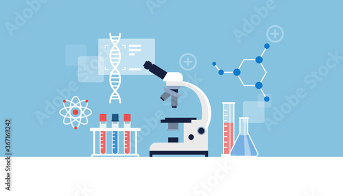 Medical lab desk with microscope and medical equipment