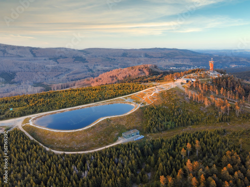 Aerial landscape panorama of Mount Wurmberg near Braunlage in the Harz mountains, Lower Saxony, Germany.