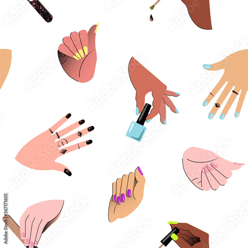 Seamless pattern with hands showing manicure and nail care. Vector illustration.