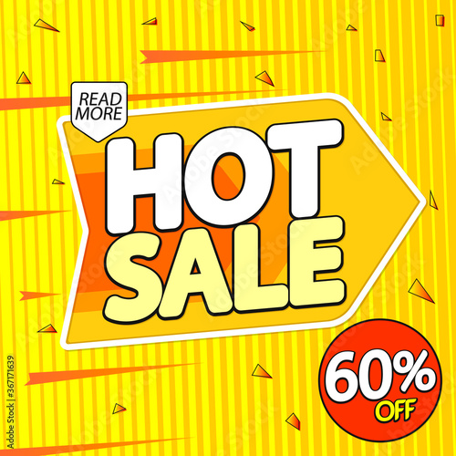 Hot Sale, banner design template, discount tag, up to 60% off, app icon, vector illustration